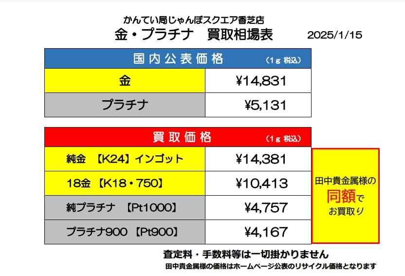 本日の貴金属買取価格